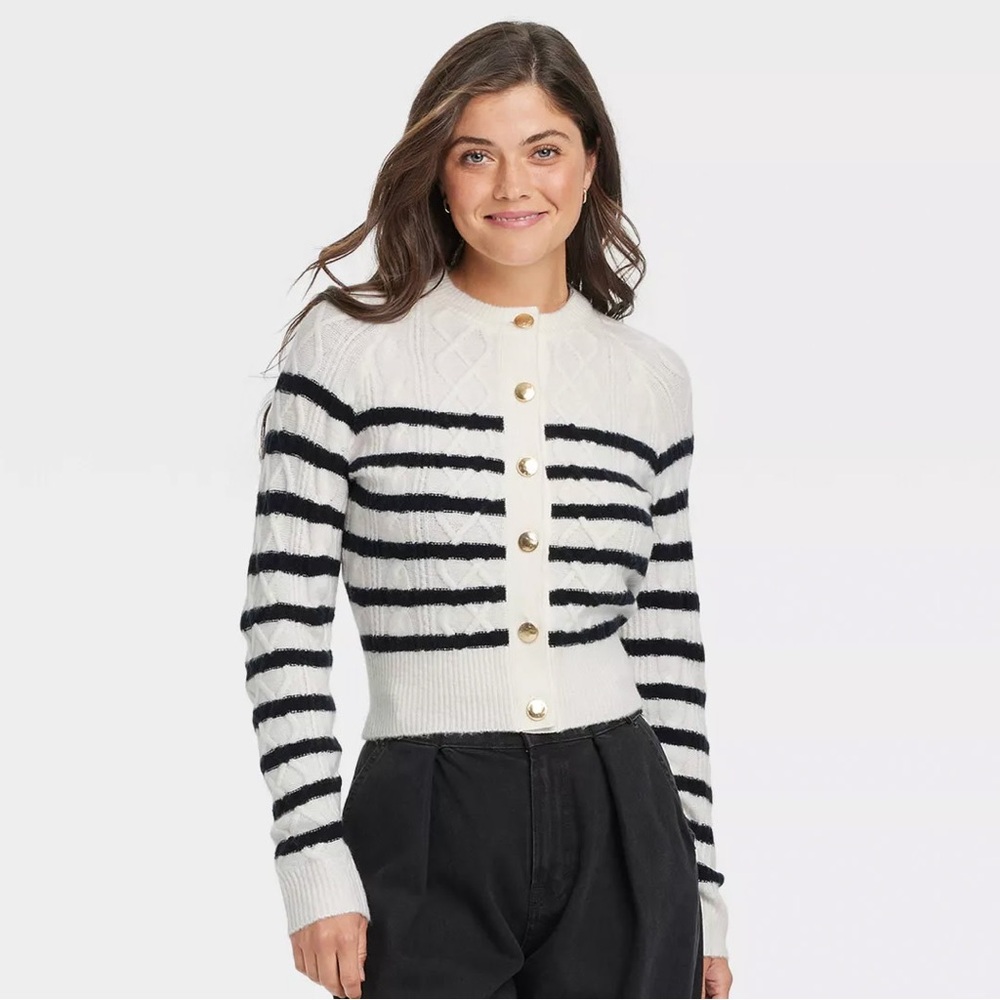 Universal Thread Black and White Striped Cardigan Gold Buttons Size L